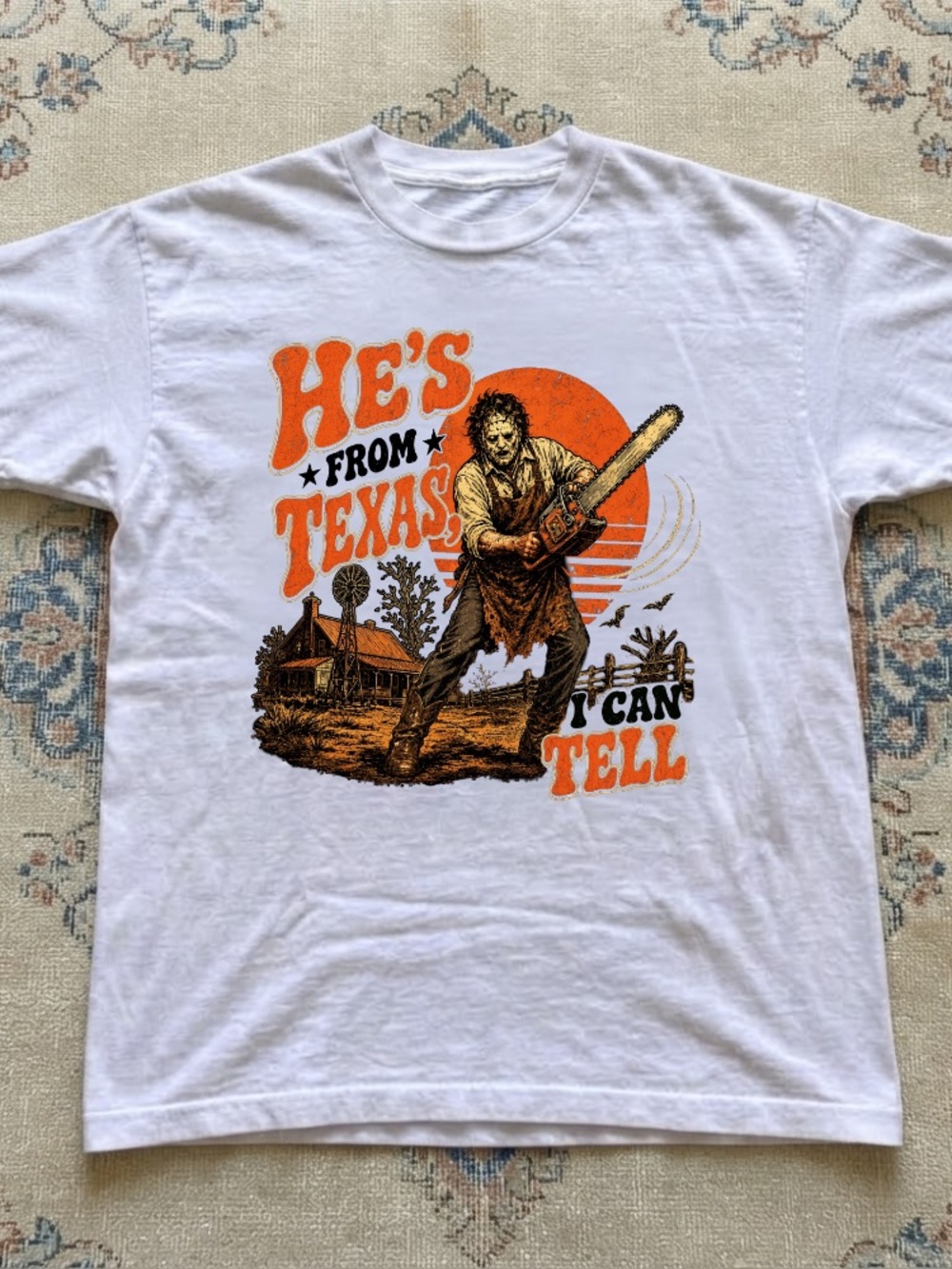 Leatherface He's From Texas I Can Tell Chainsaw Sunset Farm Vintage White Tee